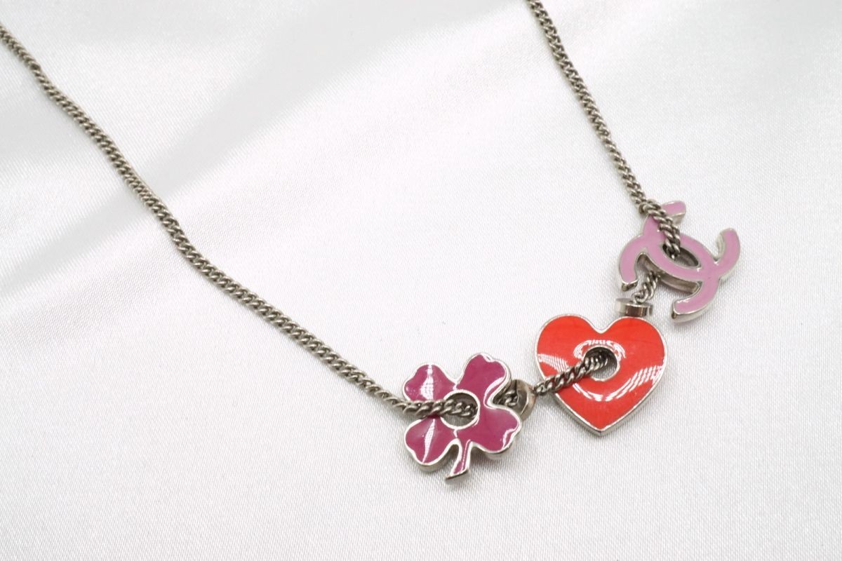 CHANEL 04P Necklace Coco Mark Heart Clover Accessory Silver Pink Red 7151j