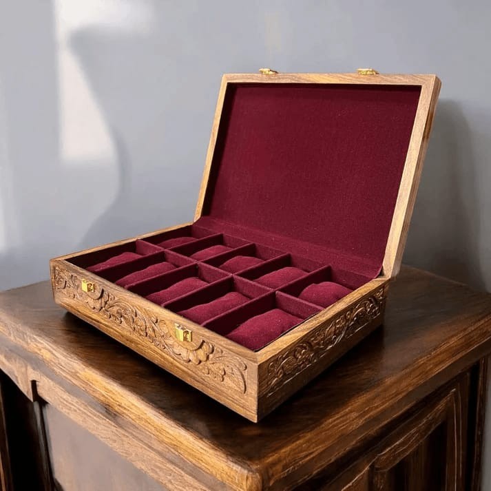 Vintage Hand Carved Wooden Watch Box 10 Slot Display Case Red Velvet Organizer