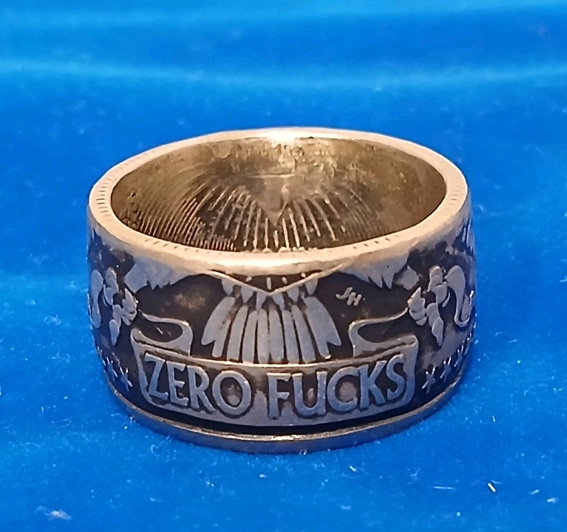 Melted Down Nickel Zero F***s Coin Ring Biker Style Size 10 Nulla Futuo Daretur