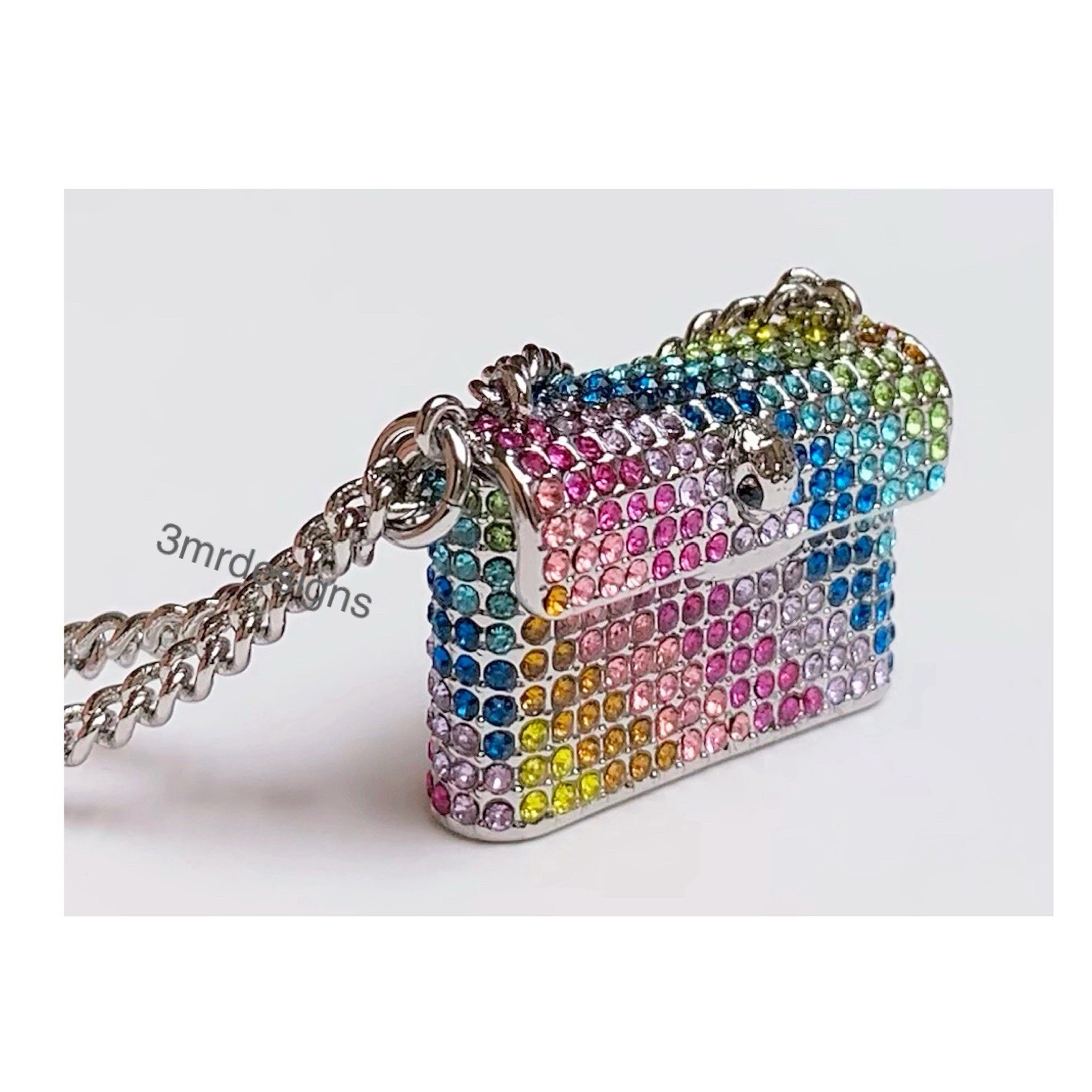 NWT KURT GEIGER Rainbow Crystals Silver Tone Kensington Mini Bag Long Necklace