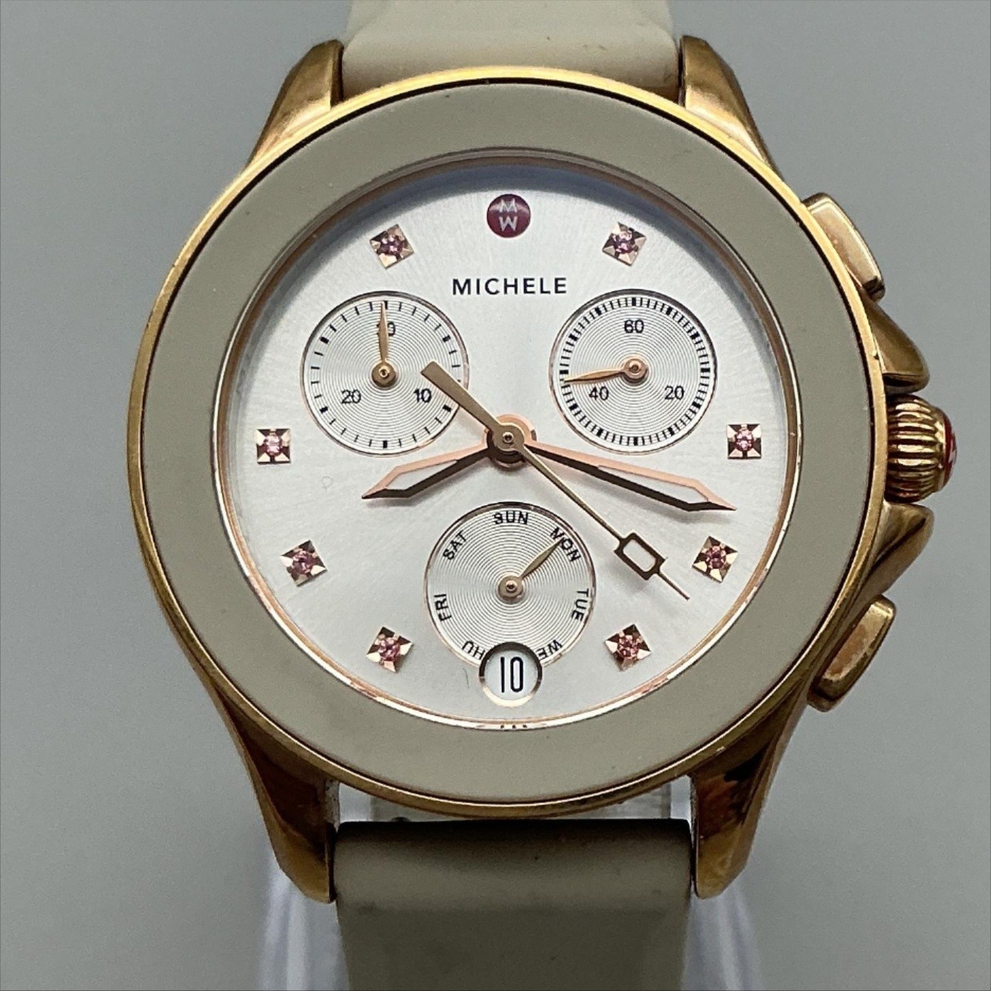 Michele Womens Watch 36mm Rose Gold Tone Chronograph Silver Tone New Battery