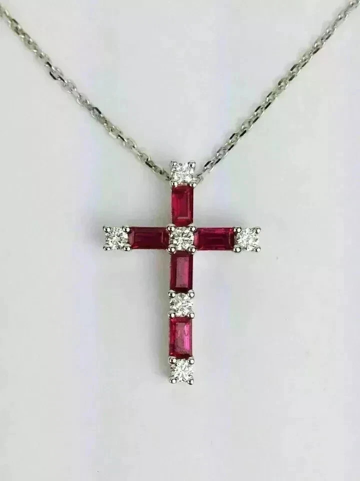 1.50Ct Baguette Cut Simulated Red Ruby Cross Pendant 14k White Gold Plated