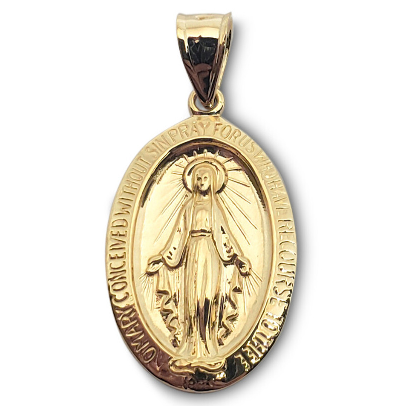Solid 18K Yellow Gold Miraculous Medal Virgin Mary Pendant, 3/4″, Catholic