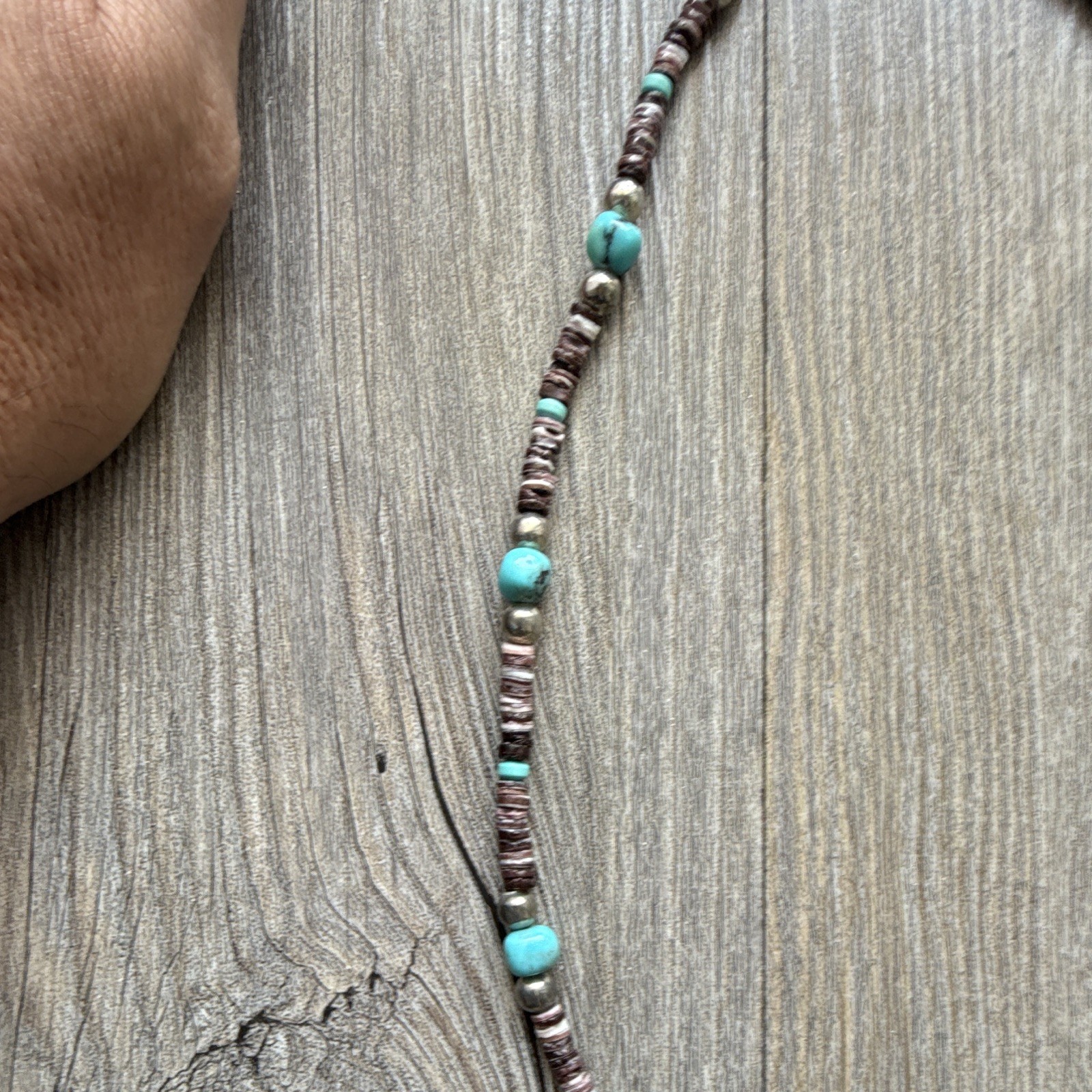 Beaded Necklace Turquoise Round Blue Beads Brown Heishi Silver Metal Hook Clasp