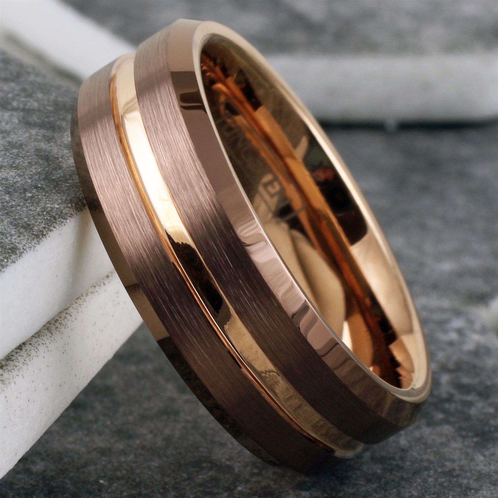 Bronze-Brown Tungsten Carbide Men’s Ring Rose Gold Plated Stripe Wedding Band