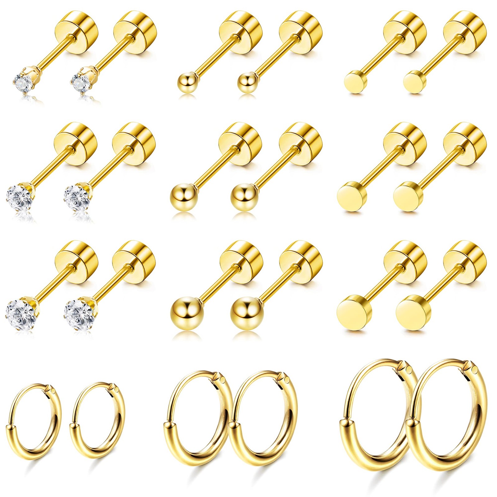 FASACCO Small Tiny Stud Flat Back 20G (0.8MM) and 18G (1MM), gold tone
