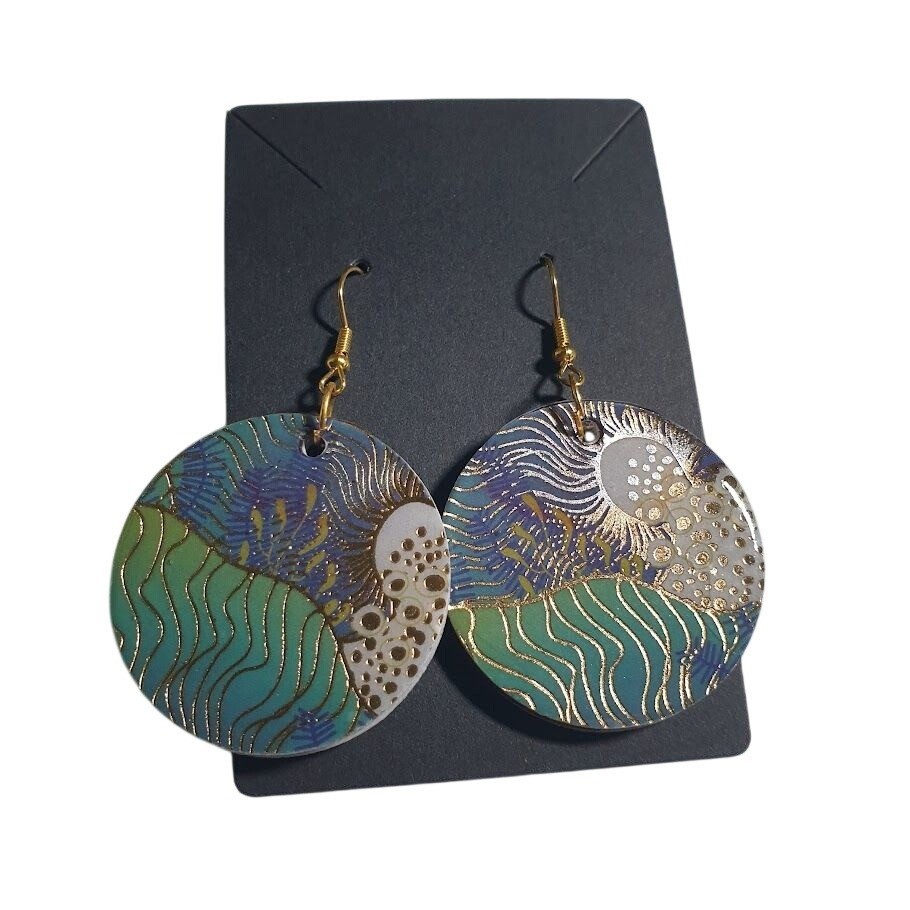Handcrafted Round Dangle Earrings Blue Green Gold Wave Dangle Hook Boho Gift