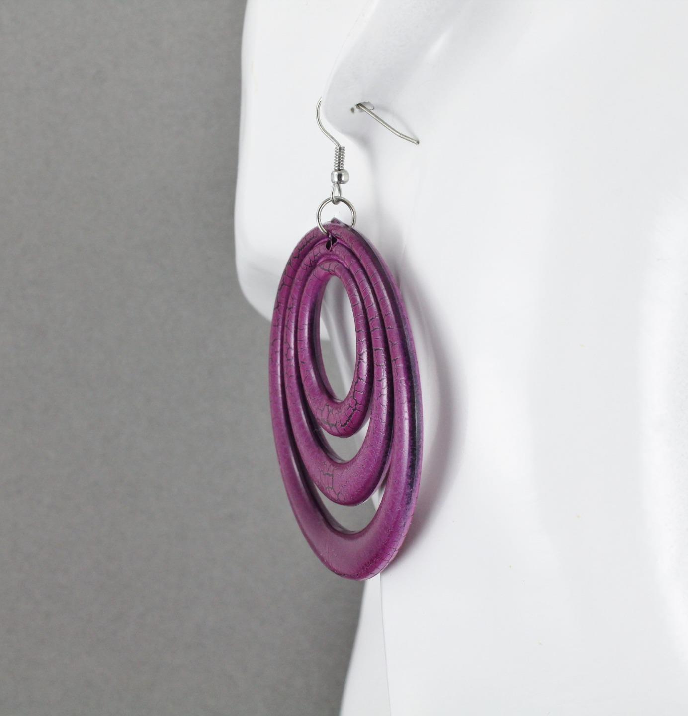 Purple Black earrings lightweight dangle round circle plastic disc 3.25″ long