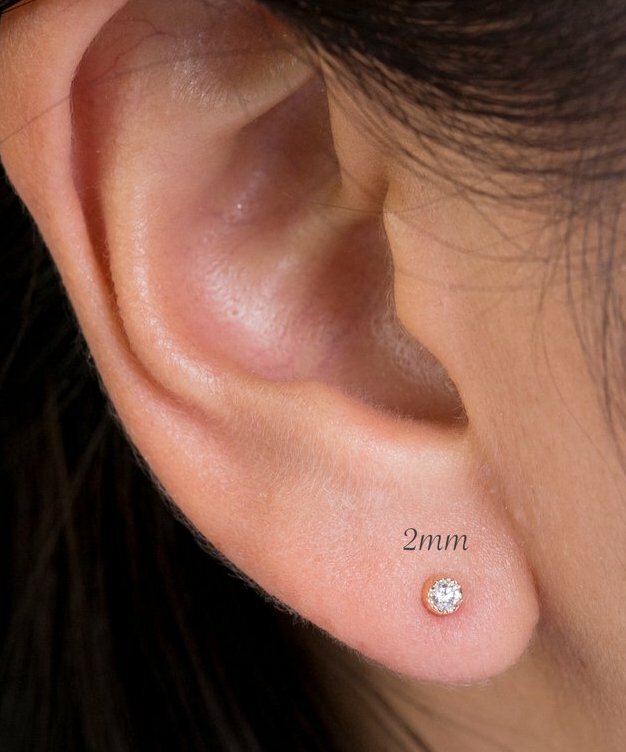 2 mm Round Diamond Tiny Stud Earrings in 10k Yellow gold ~ Gift box incl.