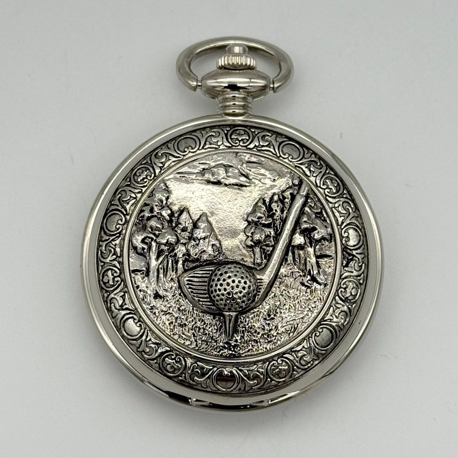 Modern Glossy Silver Tone Golf Themed Heavy Quartz Pocket Watch, 51mm White Dial