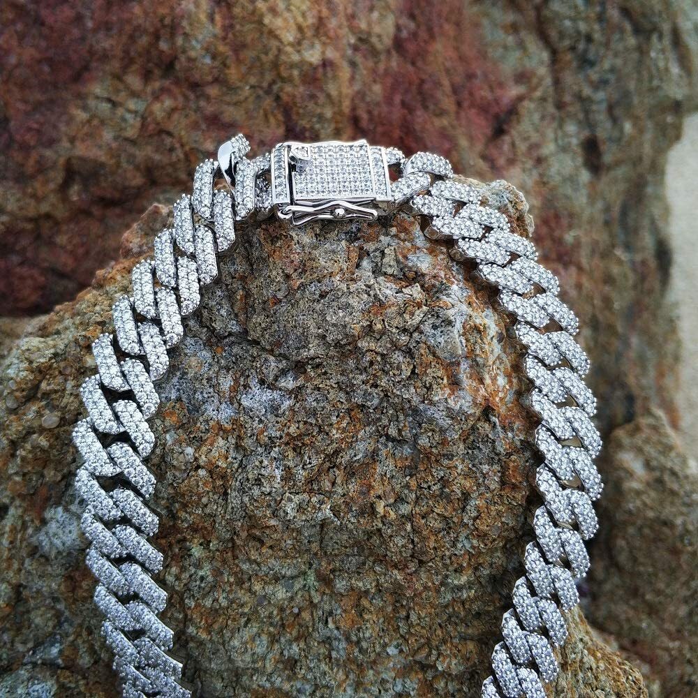 White Gold Plated Iced CZ Out Stainless Steel Miami Cuban Link Bracelet Or Chain