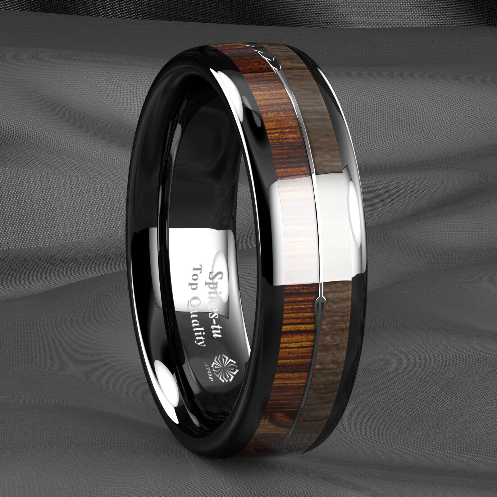 8/6mm Black Dome Tungsten Ring 2 Style Wood Arrow Wedding Band ATOP Men Jewelry