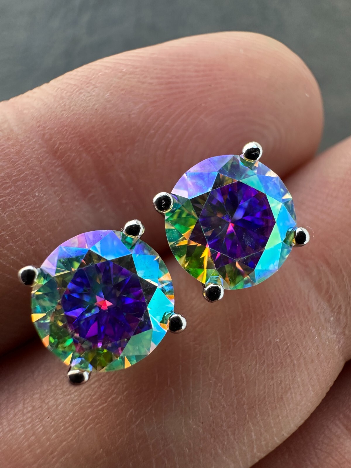 Rainbow Opal Moissanite Screwback Stud Earrings 925 Silver 3-8mm Passes Tester