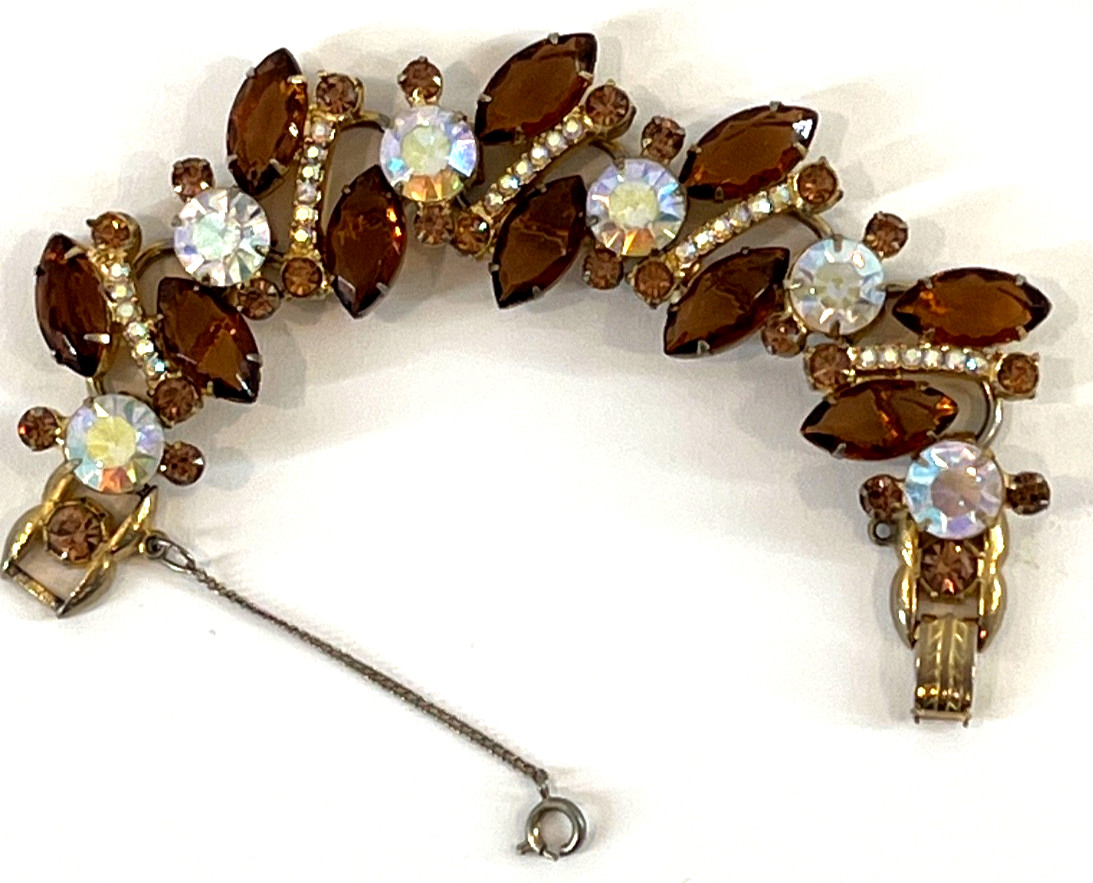 JULIANA D&E Amber Navettes, ABs, Art Glass 2-PC Set Bracelet Brooch
