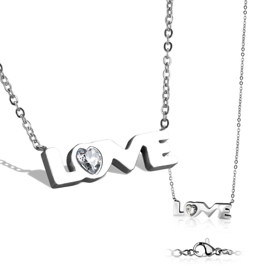 Stainless Steel 0.25 Carat Heart CZ “LOVE” Pendant & Necklace