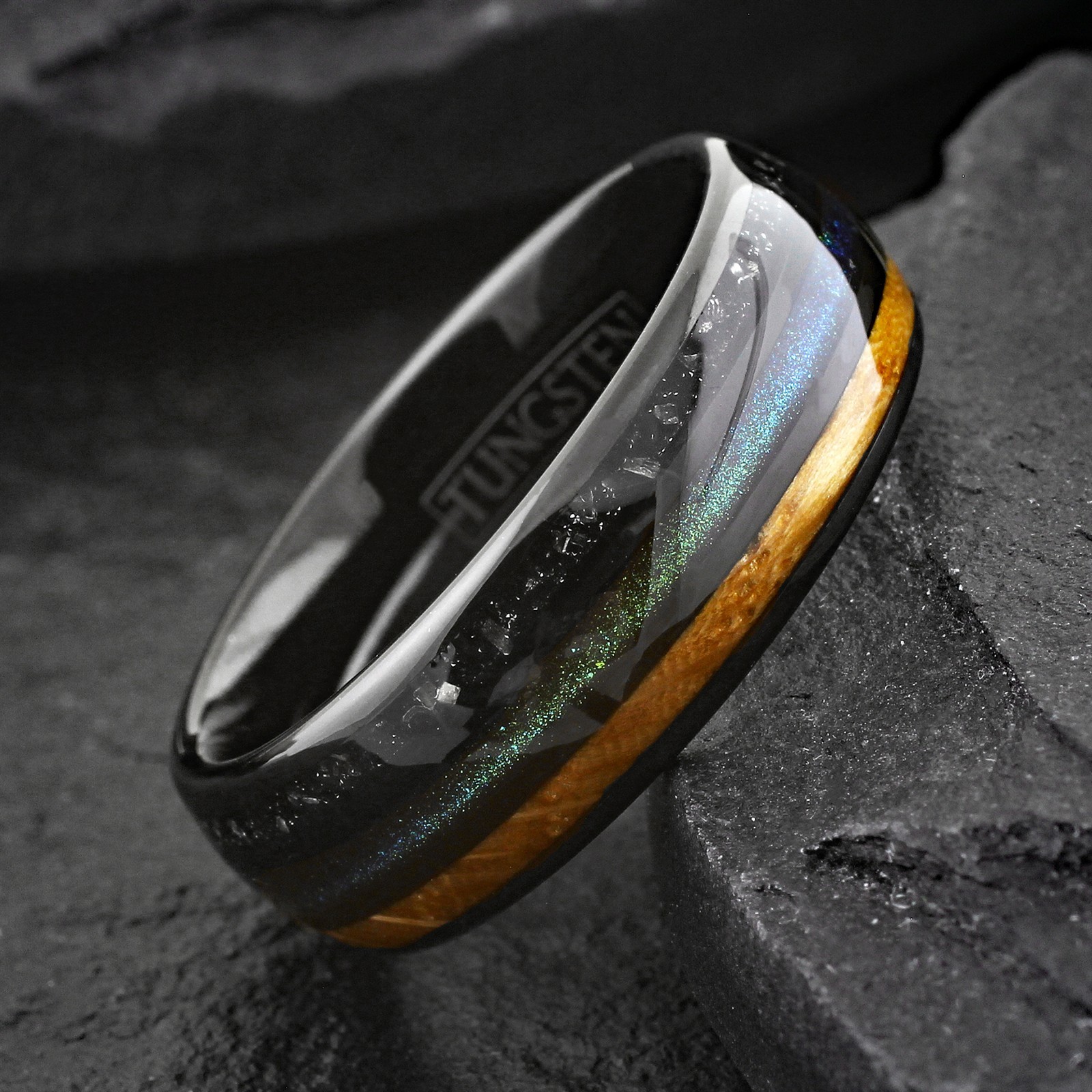 Black Tungsten Carbide Green Sand Whiskey Barrel Wood Faux Meteorite Band Ring