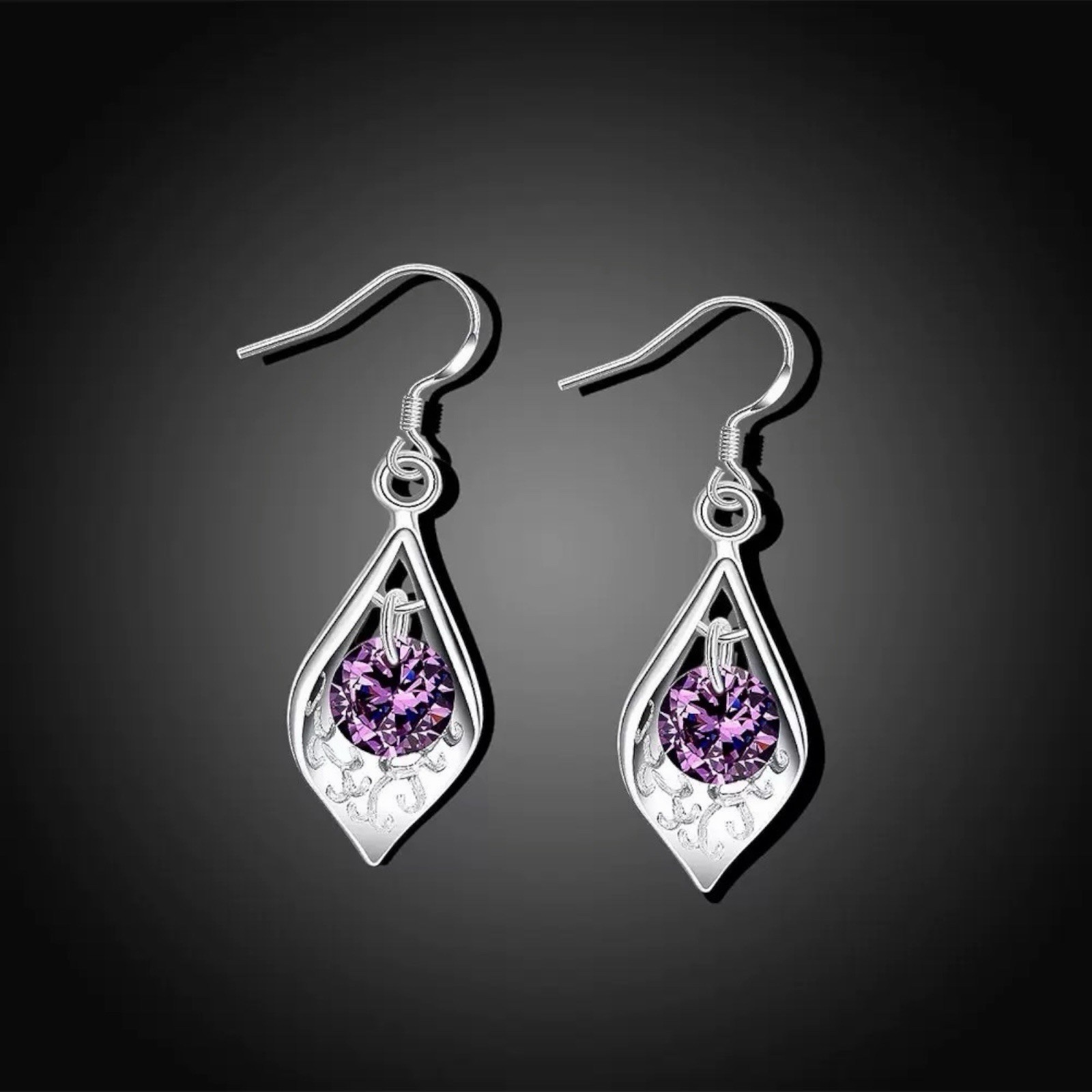 Purple CZ Crystal 925 Sterling Silver Teardrop Drop Dangle Womens Earrings A62