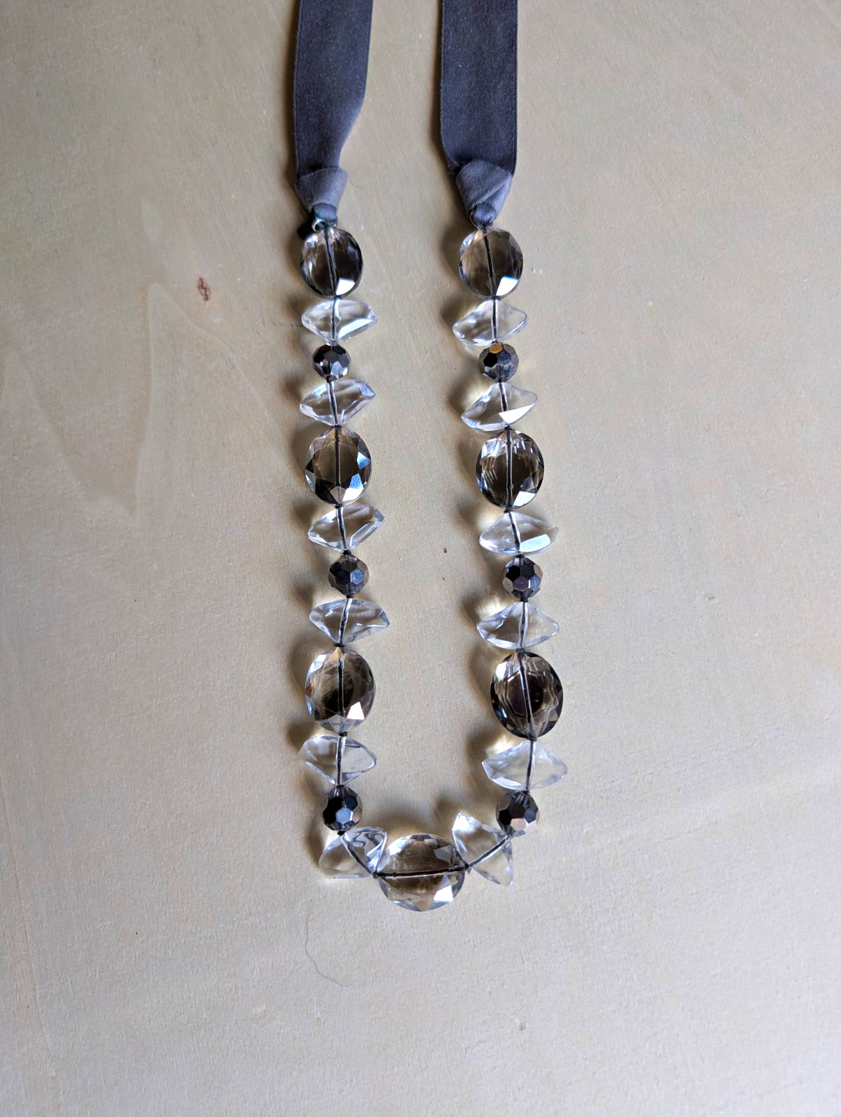 Gray Ribbon Crystal Beaded Necklace with Clear Round Glass Beads