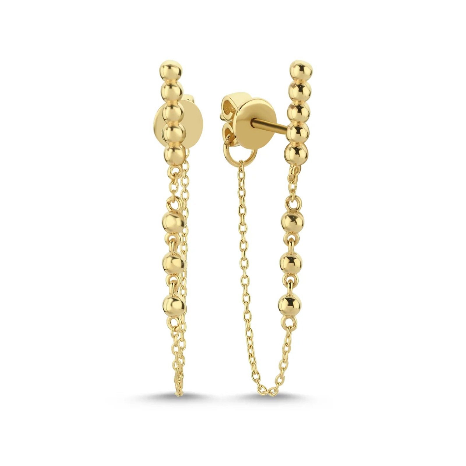 14k Gold Dangle Drop Chain Earrings Beaded Huggie Stud Set Asymmetric Jewelry