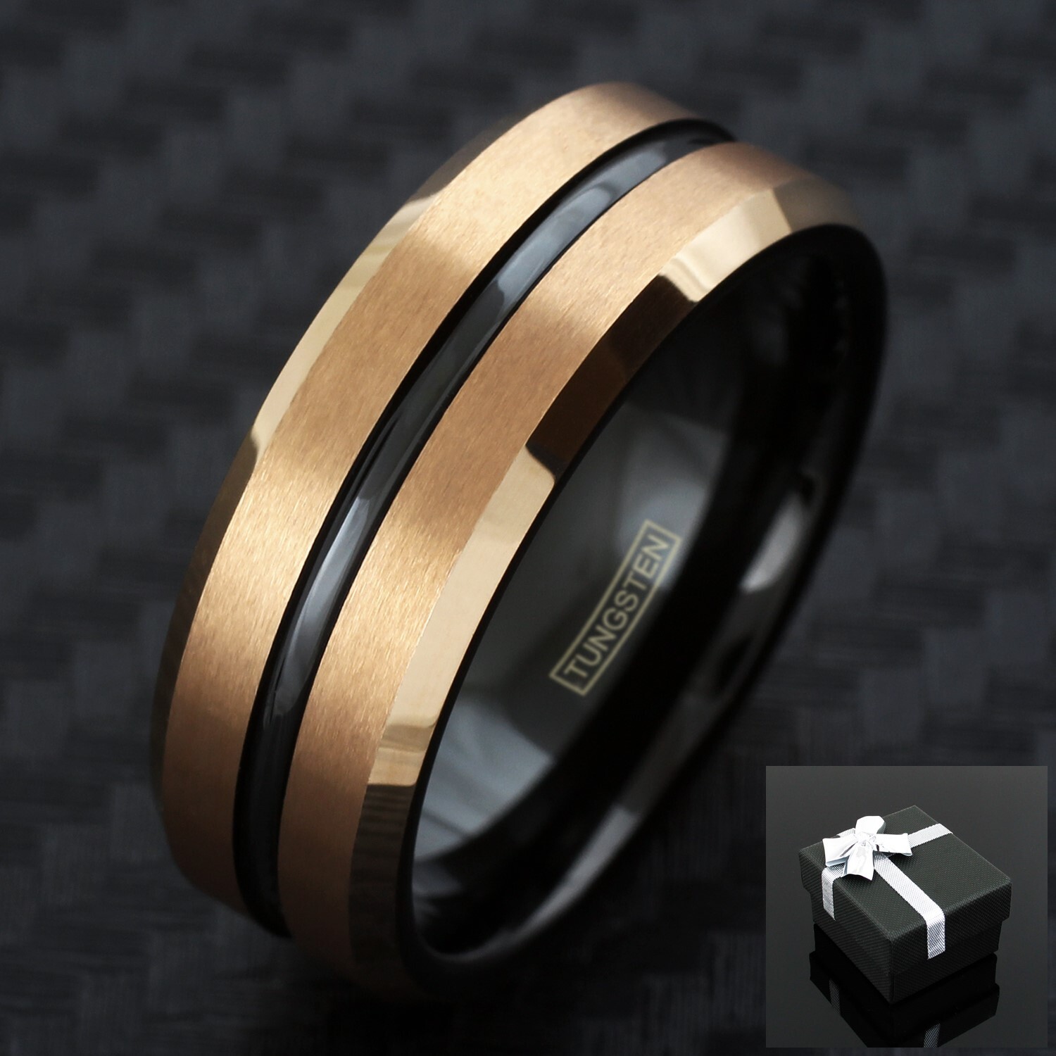 8mm Tungsten Men’s Brushed Rose Gold Plated w/ Black Stripe Wedding Band Ring