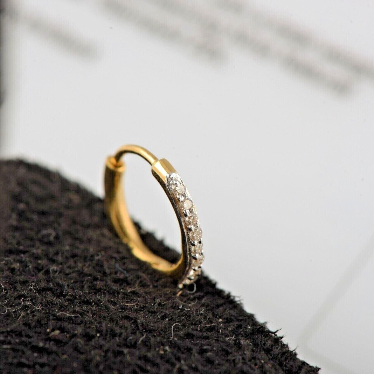 0.18CT Round Cut Natural Diamond Hoop Clip On Nose Pin Solid 14k Yellow Gold