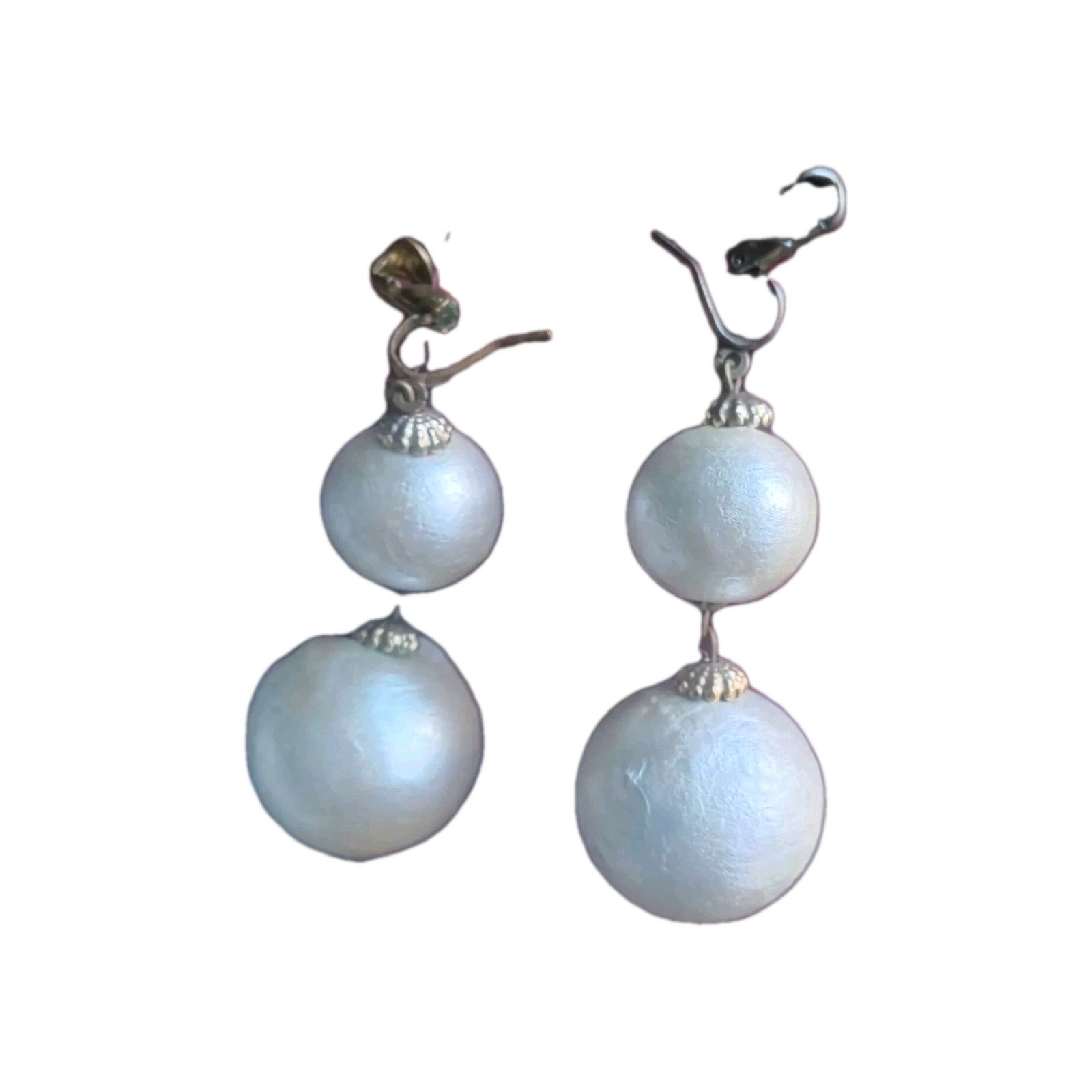 Stylish White Cotton Pearl Dangle EARRINGS 2.5″ Hook and Clip Combo