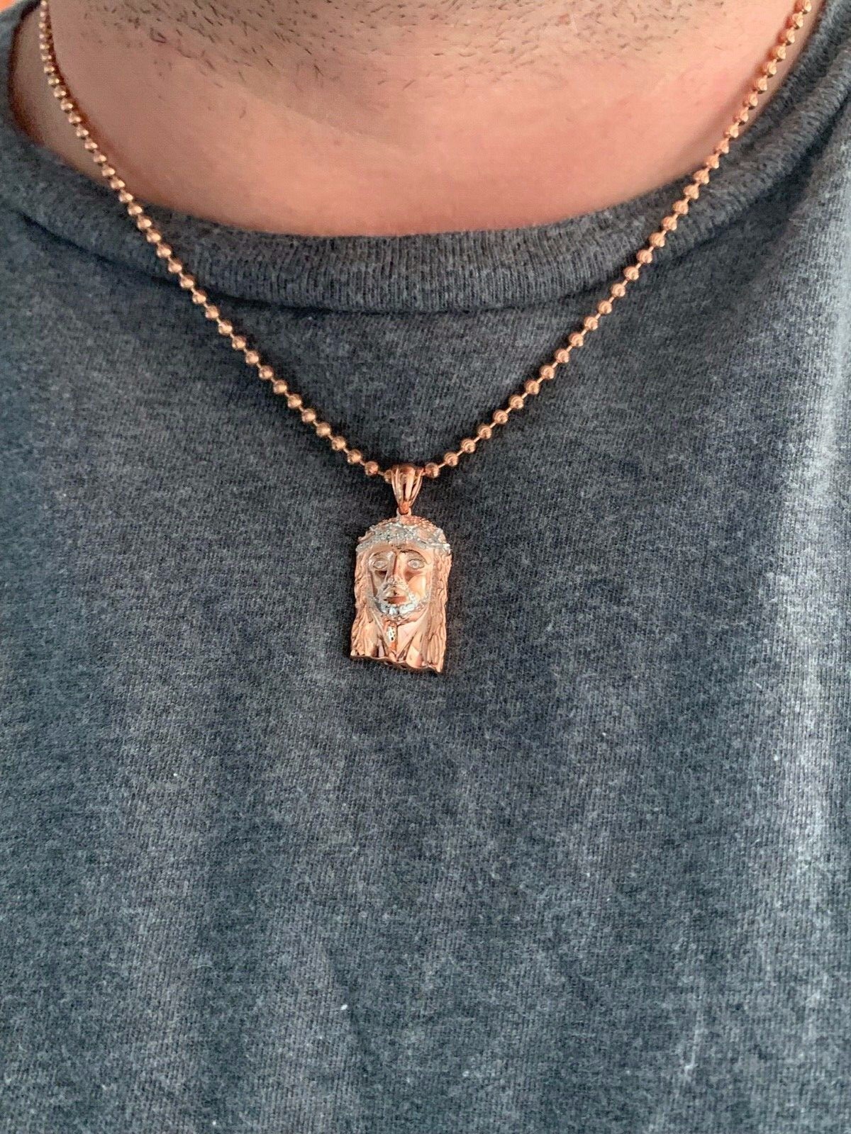 Solid 925 Silver 14k Rose Gold Plated Jesus Piece ITALY Necklace Real CZ Hip Hop