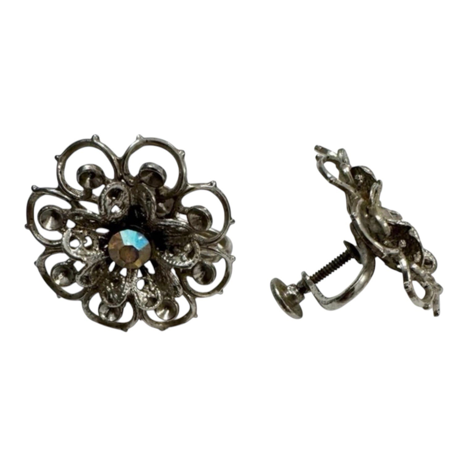 Vintage Screw Back Silver Tone Flower Rhinestone Earrings Non-Pierced Ears
