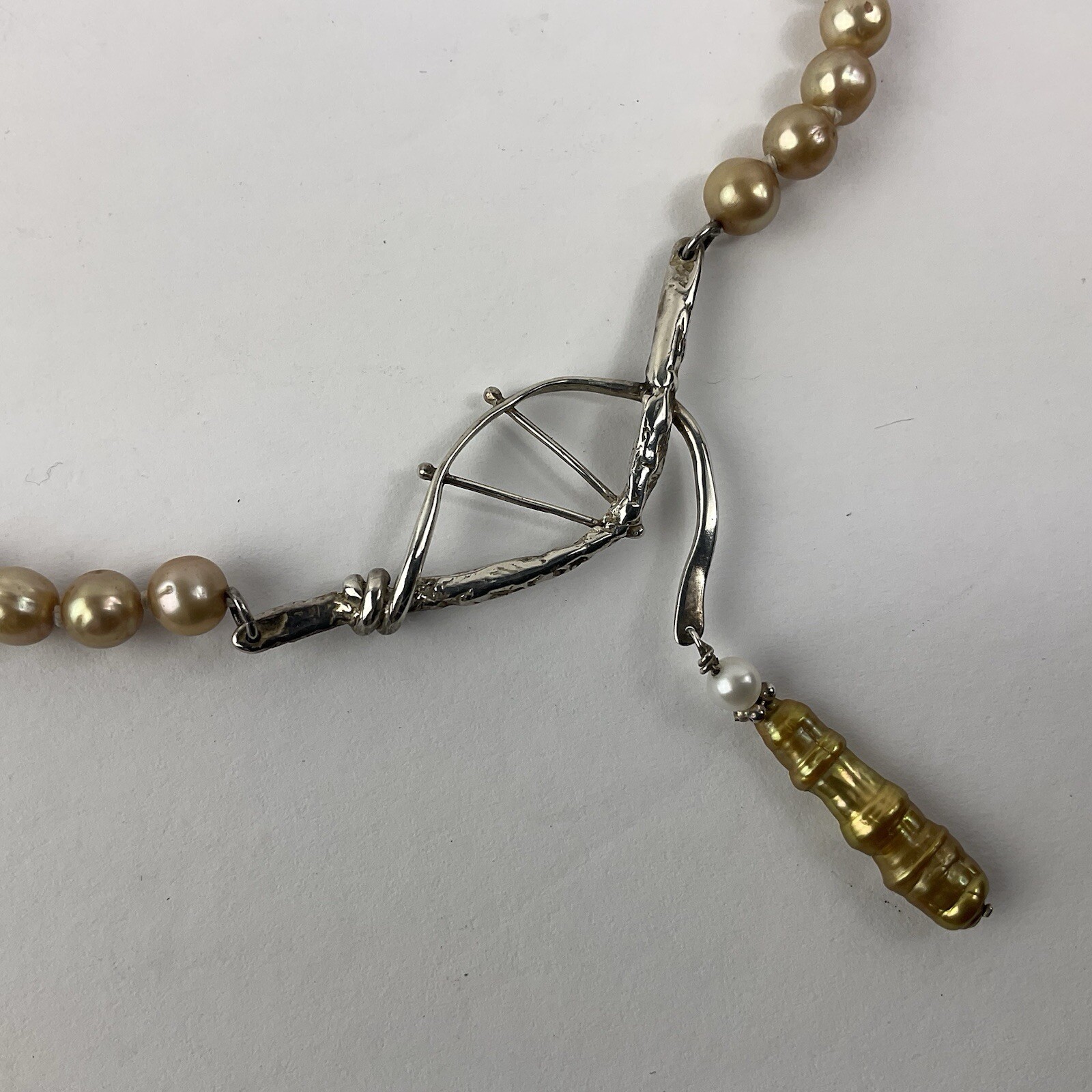 Artisan Sterling Silver Baroque Dangle Pendant Necklace Golden Pearl Near Round