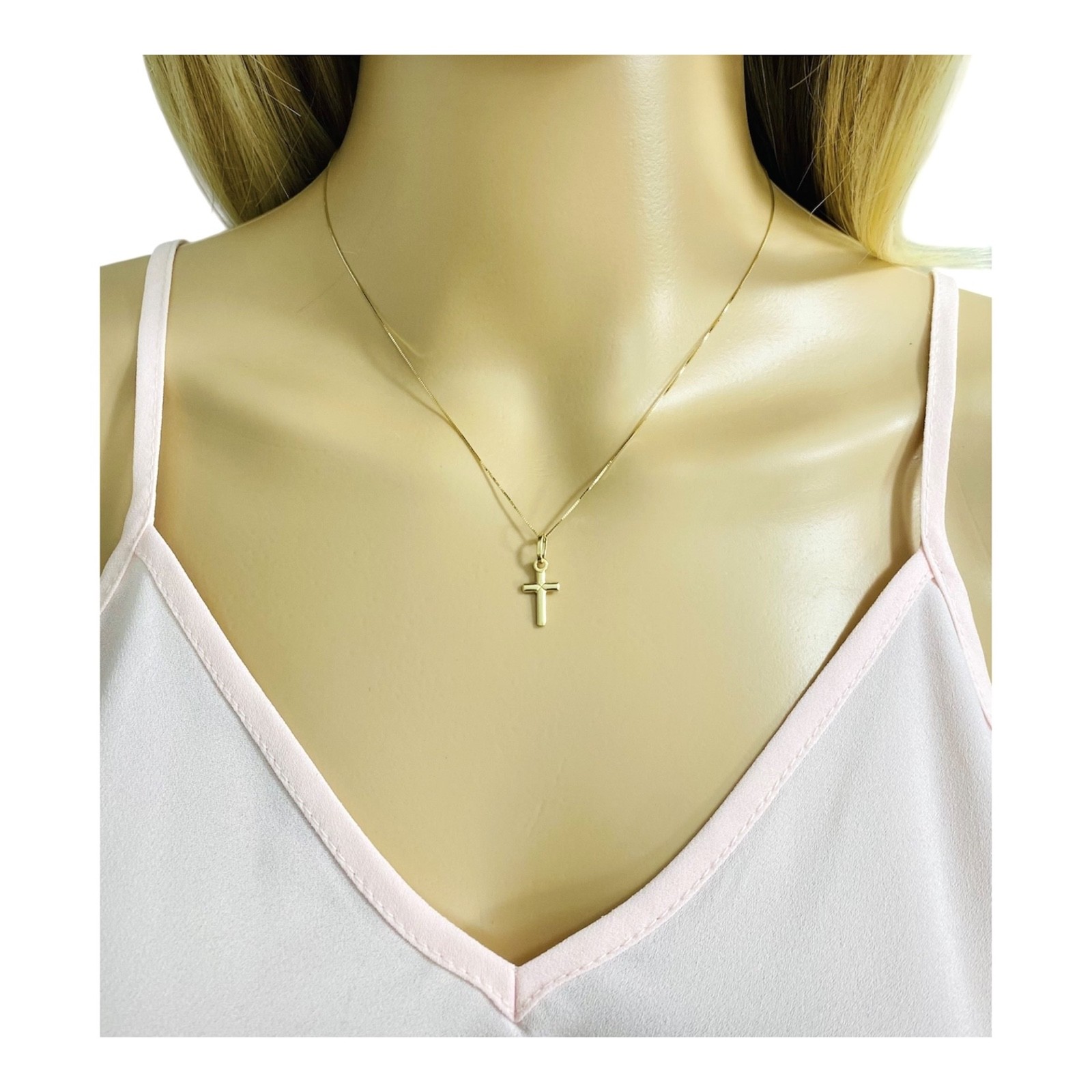 14K Solid Yellow Gold 0.7″ Cross Pendant with 0.5mm Box Chain Necklace – PT142
