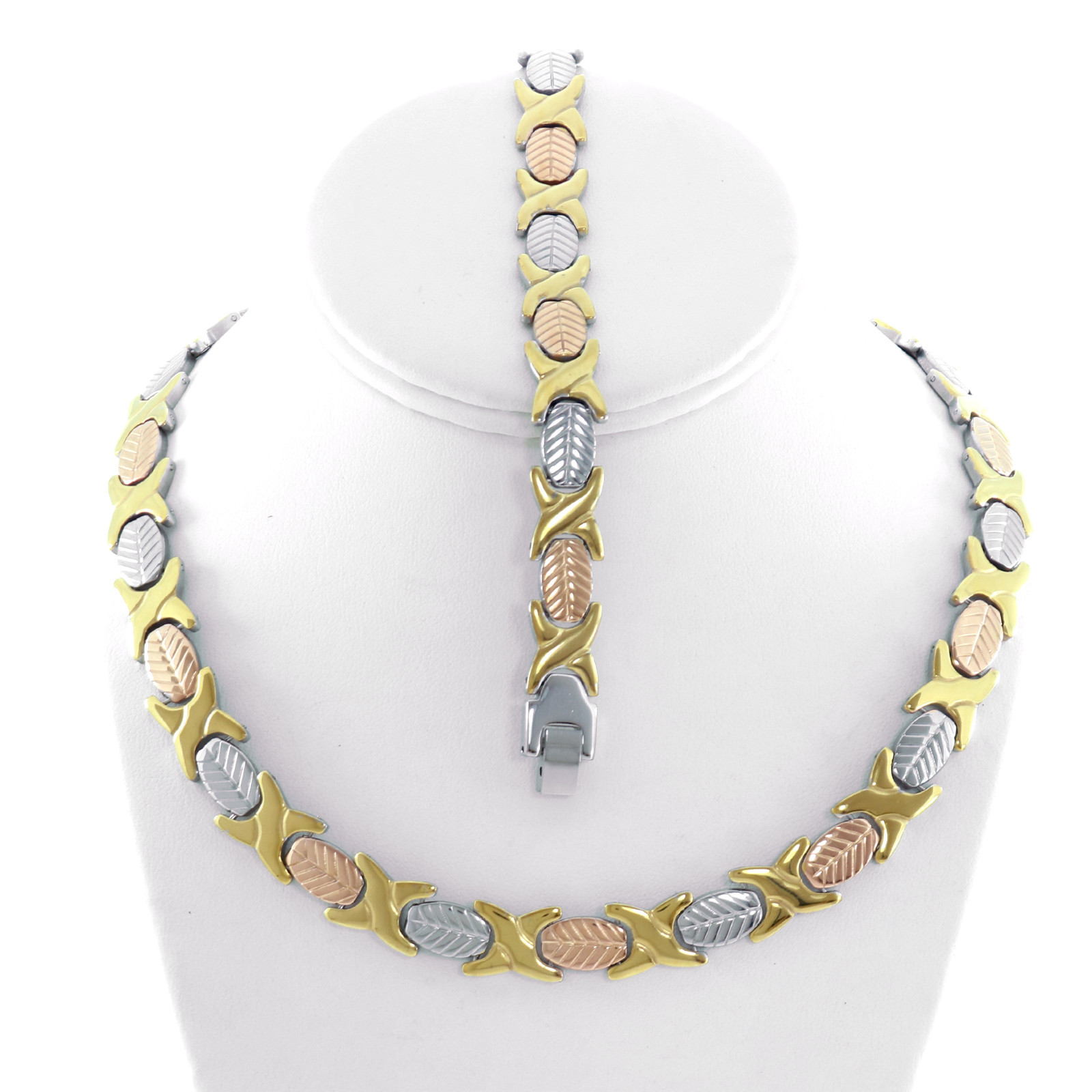 NEW Hugs and Kisses Necklace Bracelet Set Stampato Stainless Steel 3 Tone 18″