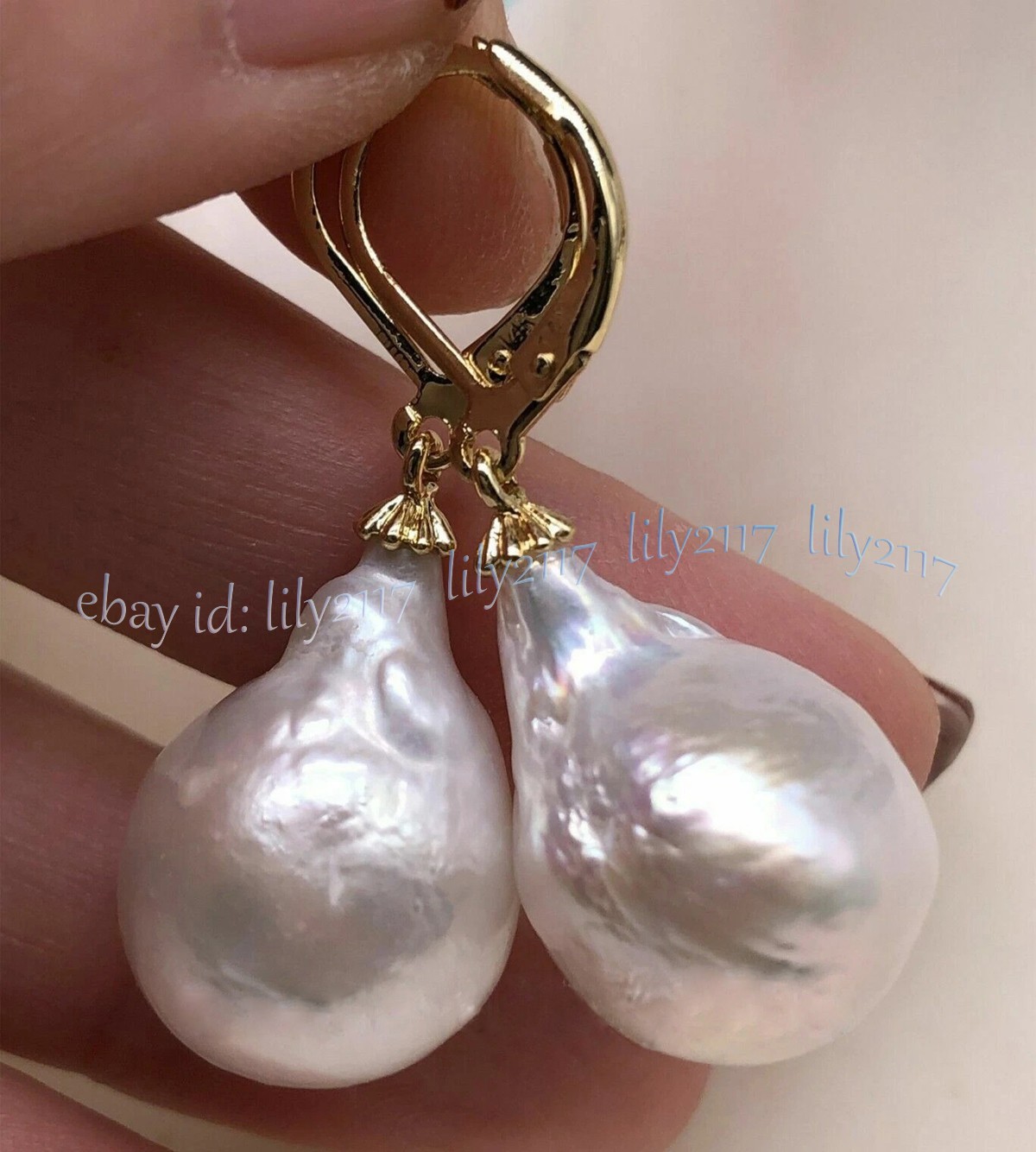 Huge 15-20mm South Sea White Keshi Baroque Pearl Dangle Earrings 14K Yellow Gold