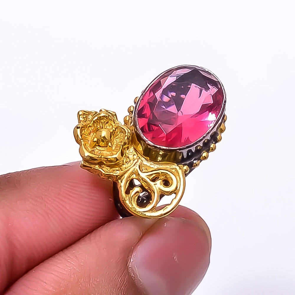 Pink Rubellite Tourmaline Black And Gold Plated 925 Sterling Silver Ring s.6 R9