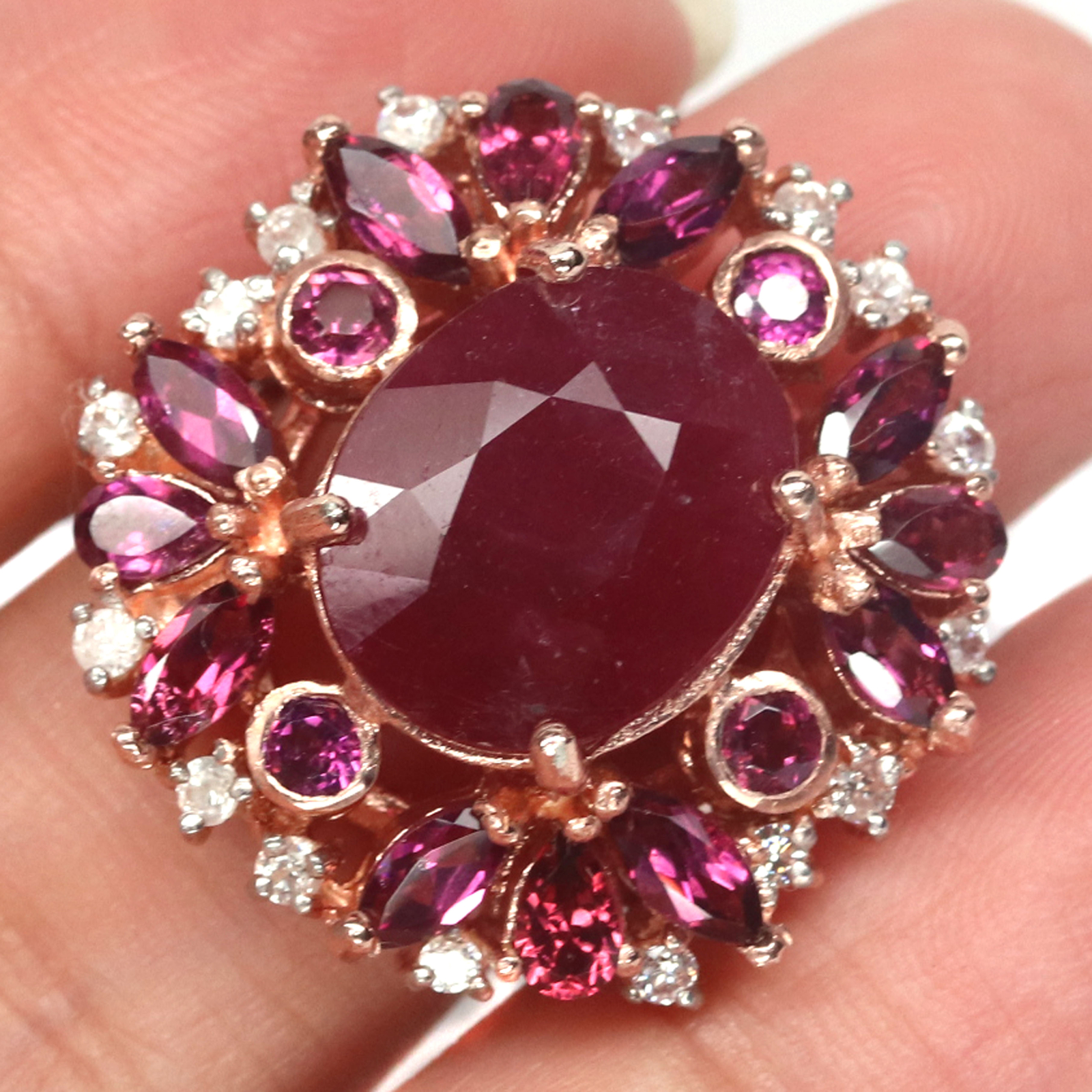 Gemstone 12 X 15 mm. Red Ruby Rhodolite-Garnet Zircon Ring 925 Silver Sterling