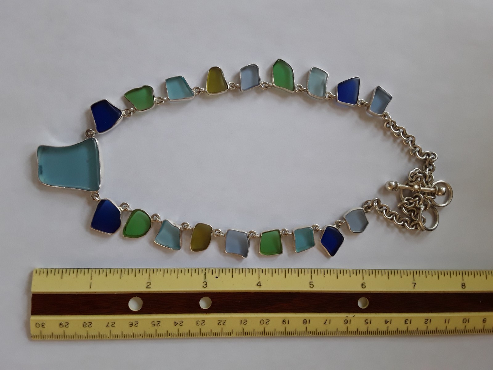 Beautiful Beach Glass Colored Silver Bezeled 18″ Adjustable Summer Necklace