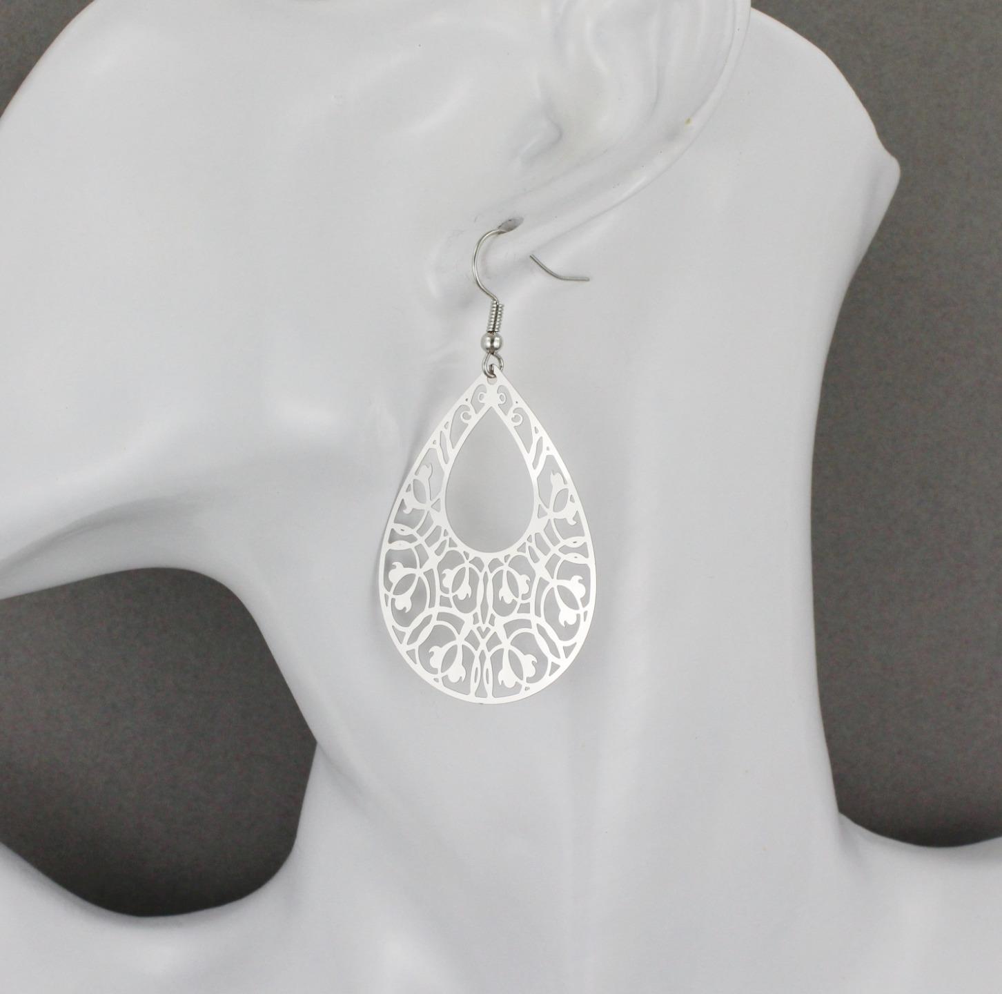 Silver teardrop filigree dangle earrings shiny 2 7/16″ long lightweight scroll