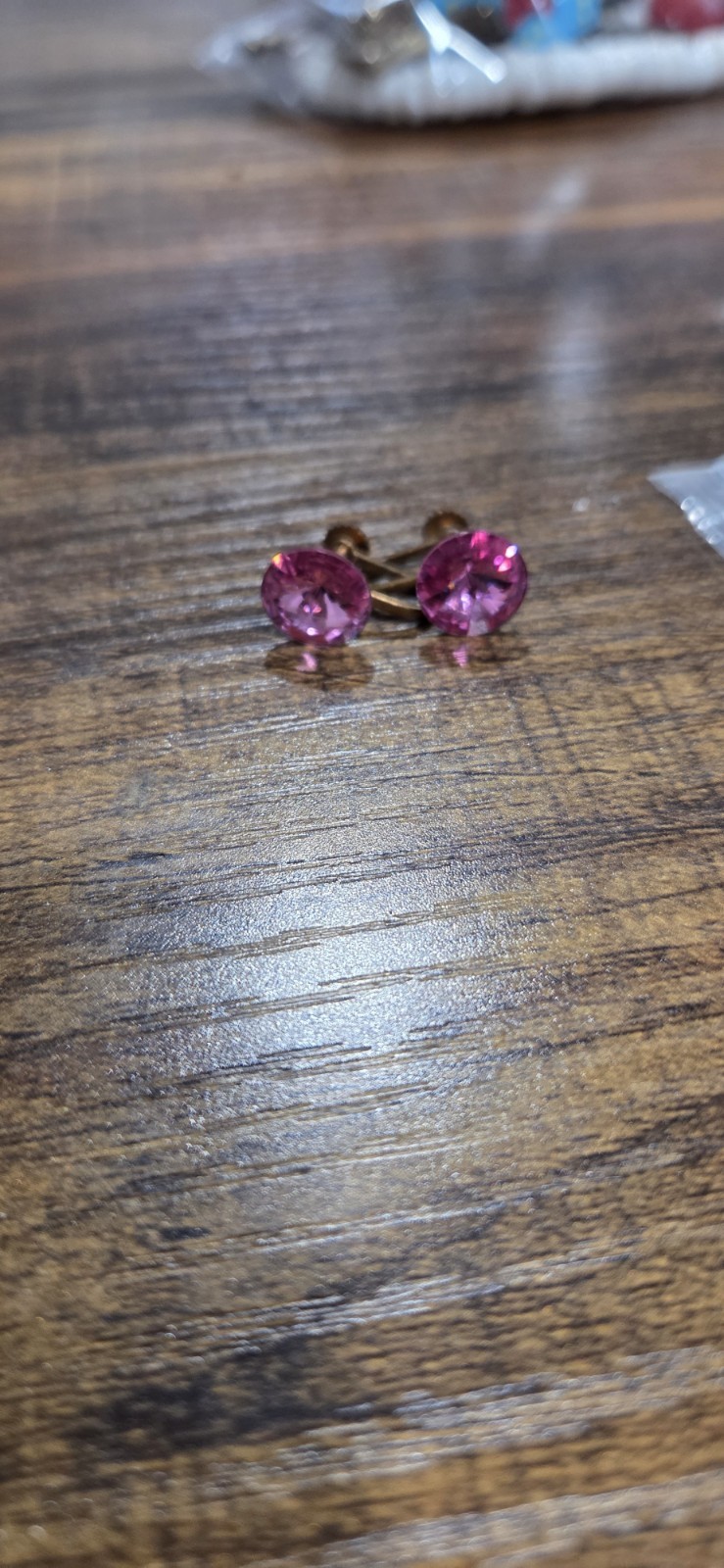 Vintage Gold Tone Non-Pierced Screw Back Stud Earrings Pink Round PStones