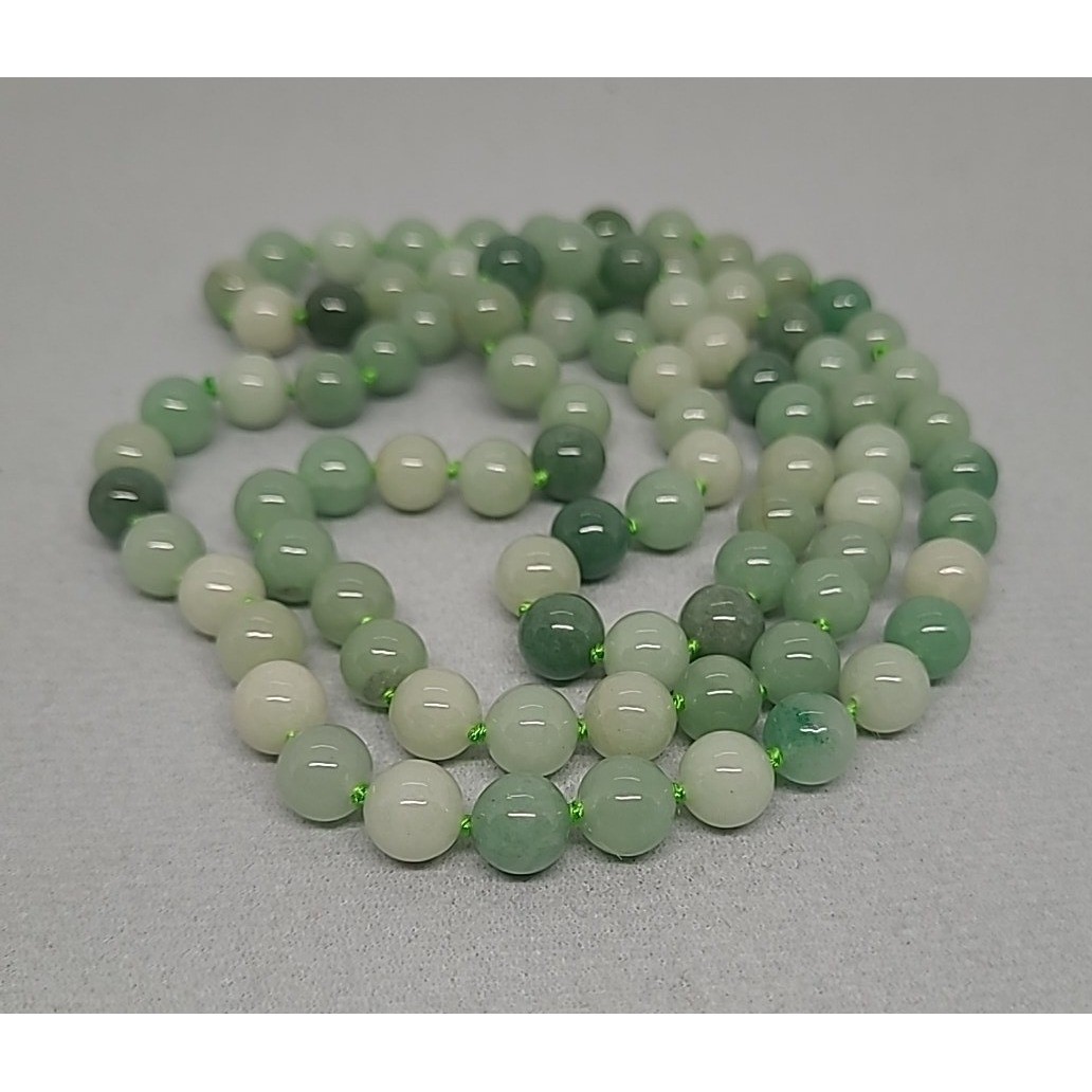 Vintage Necklace Knotted Green Aventurine Round Bead Strand Long 30″