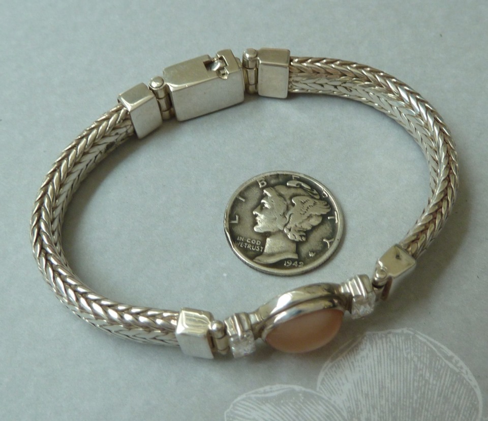 Vintage Sterling Java Bracelet, 16 X 14mm Moonstone, Awesome Clasp, Konder #360
