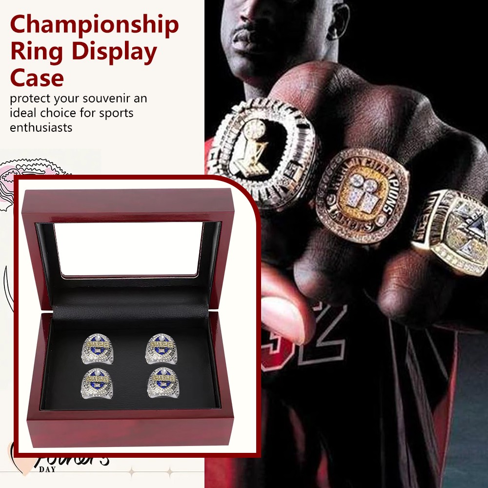 4-Slots Championship Ring Display Box Wooden Collection Case Storage Holder Gift