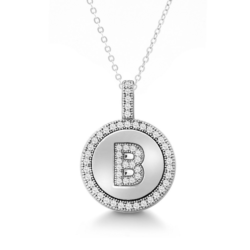 Sterling Silver Sparkling Micro Pave Circle “B” Pendant W/Chain Rhodium Plated
