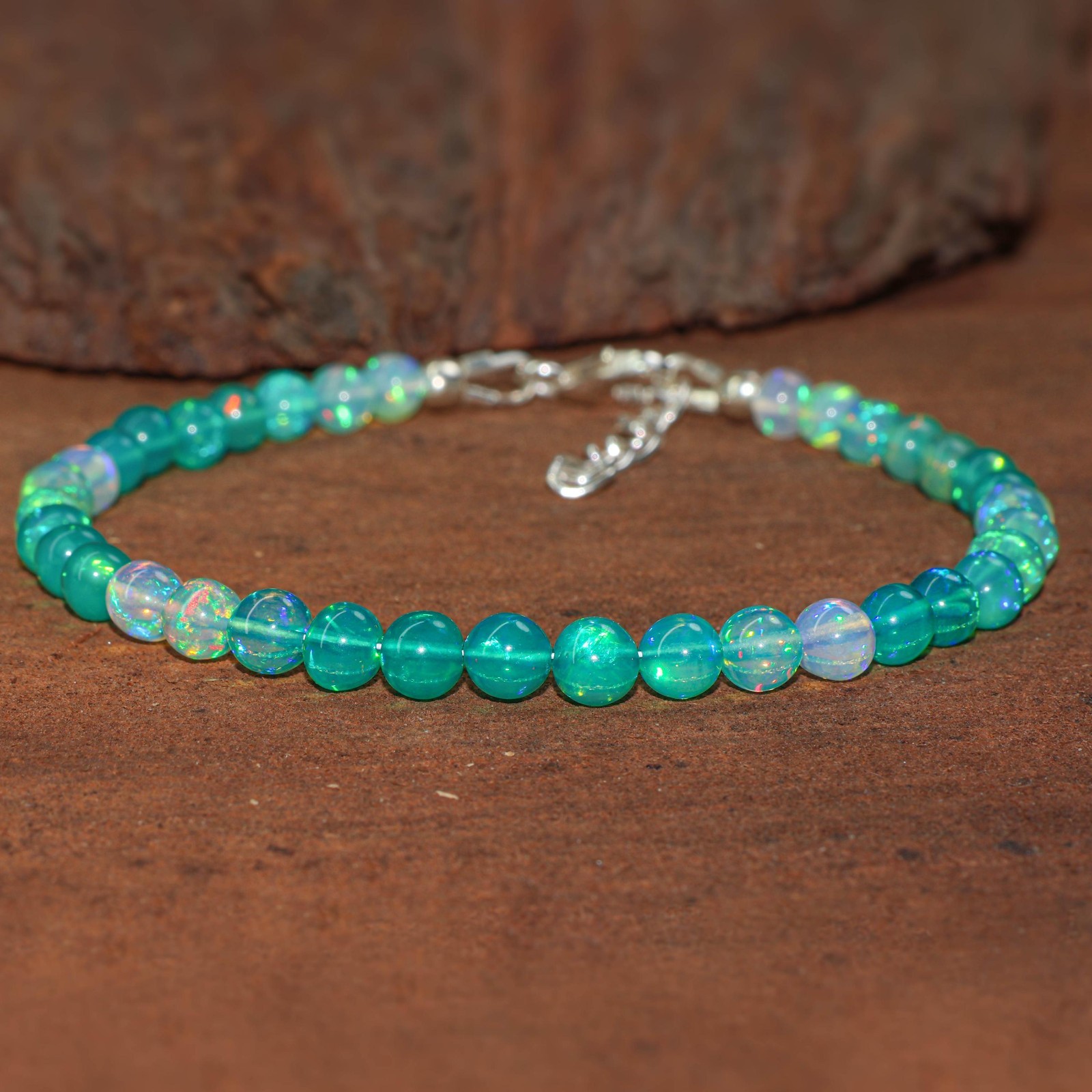 Shaded Green Opal Gemstone Round Beads Bracelet, Ethiopian Fire Opal Bracelet
