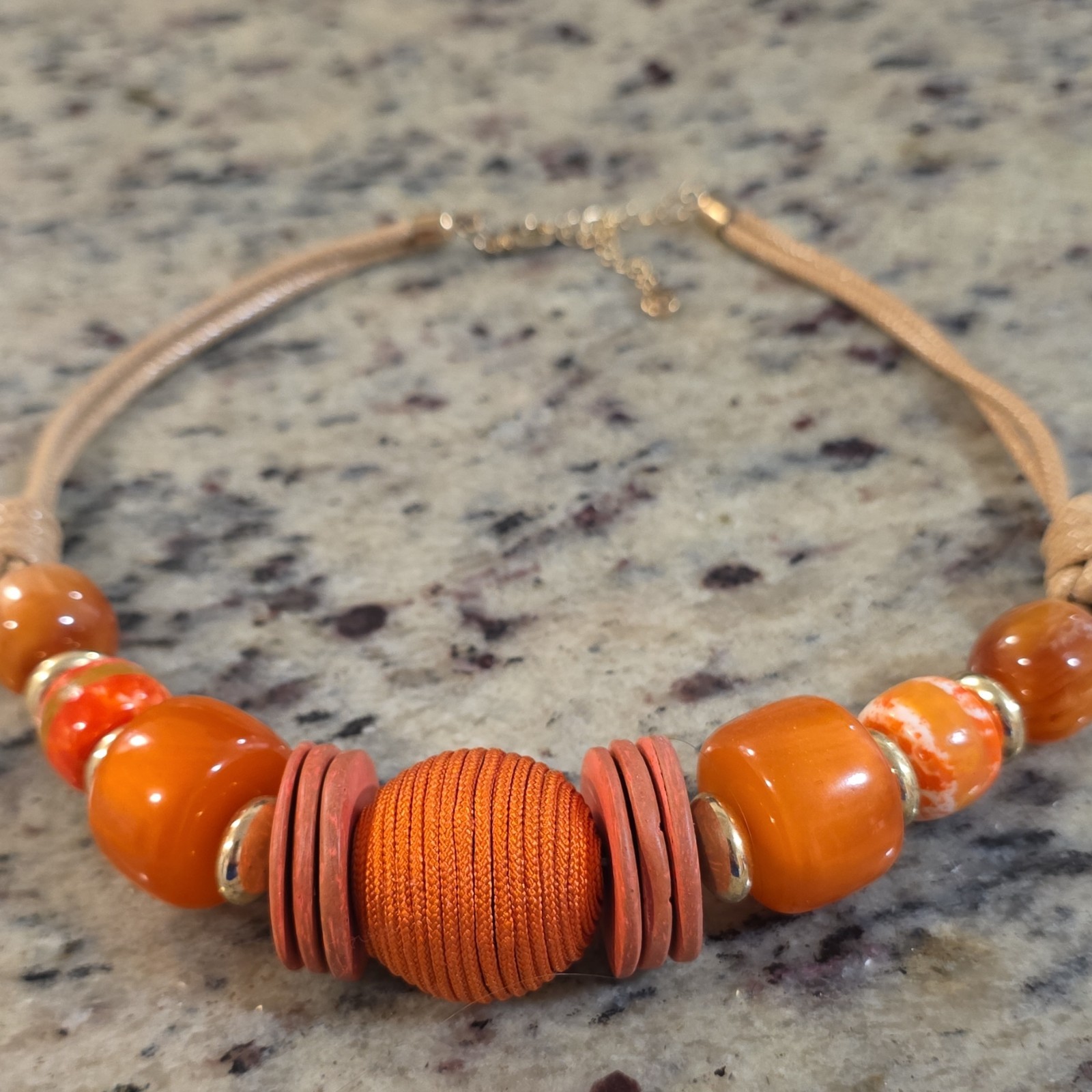 Orange Beaded Cord Necklace Adjustable Lobster Clasp with Extender