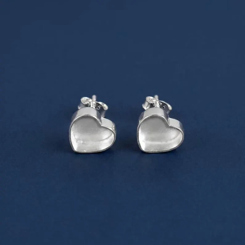 Solid 925 Sterling Silver 3mm Heart Bezel Cup Stud Earrings Handmade Jewelry