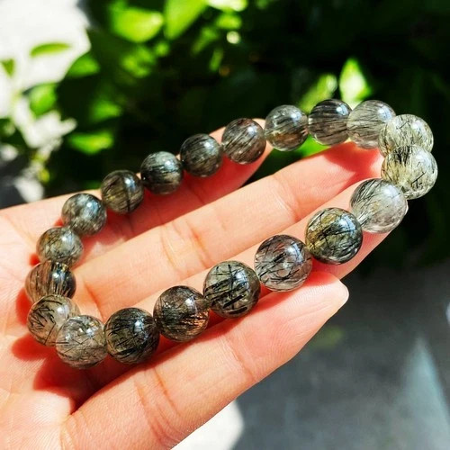 9mm Natural Black Rutilated Quartz Crystal Beads Bracelet 2342