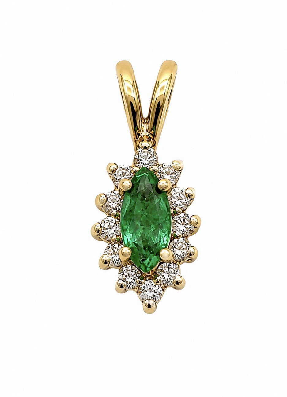 Emerald Pendant 14K Solid Gold, Marquise Cut Emerald & Round Diamonds, 13mm 0.7g