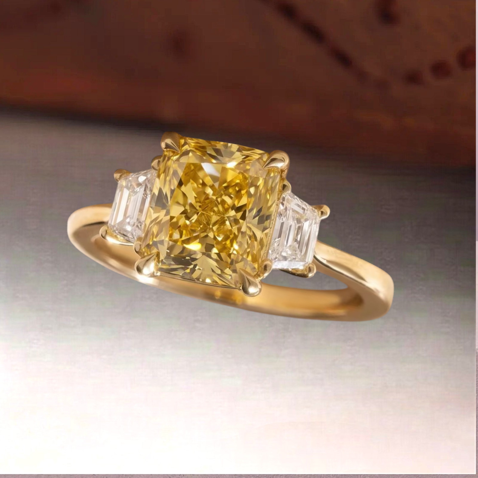 IGI Lab Created Diamond Ring Fancy Vivid Yellow 3.80 CT Radiant 18K Yellow Gold