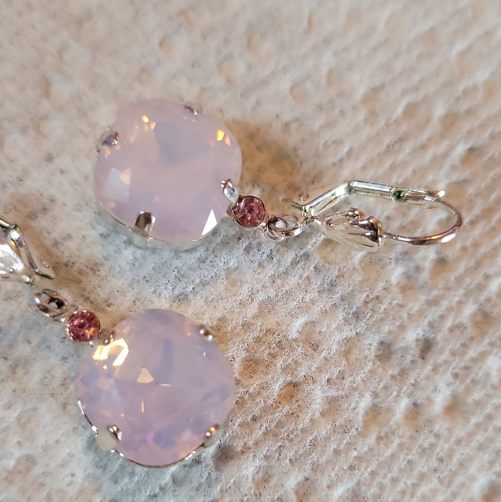 Pink Round Crystal Prong Set Leverback Dangle Drop Earrings Silver Tone