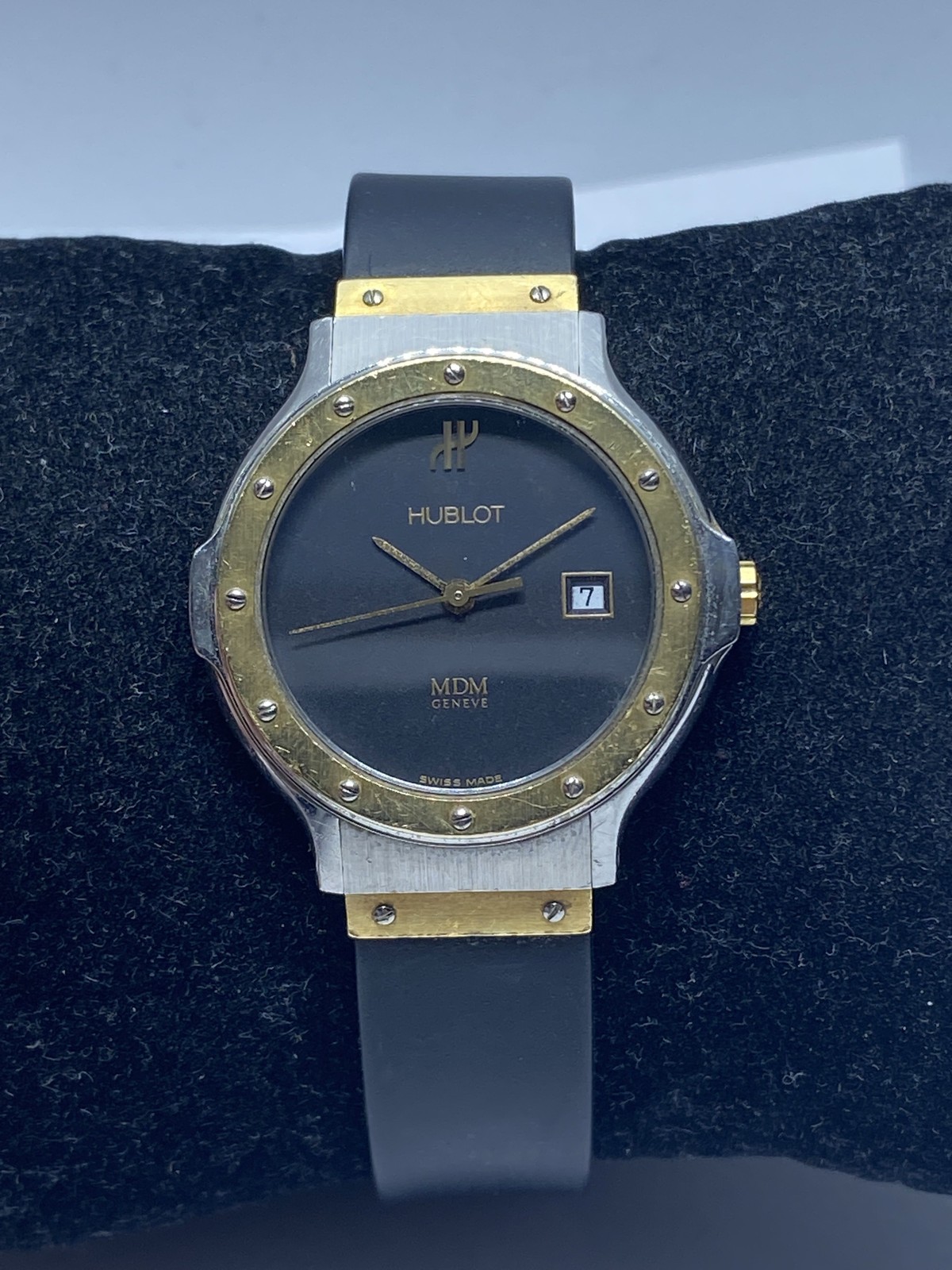 Hublot MDM Geneve Depose 1391.2 Two Tone 28mm Quartz Watch Rubber Strap COA