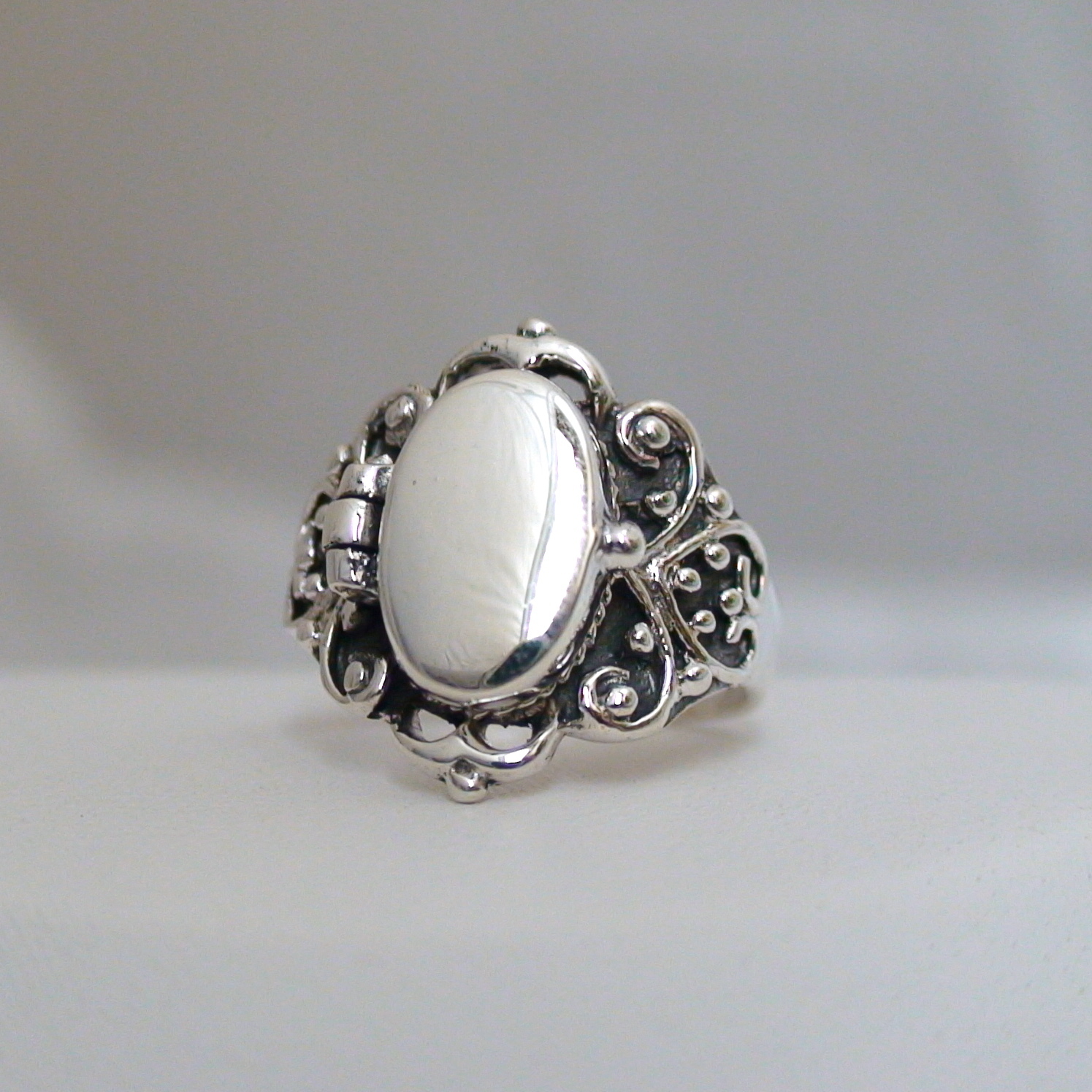 Victorian Scroll Poison Ring – 925 Sterling Silver, Sizes 6-10, Pillbox Ring NEW